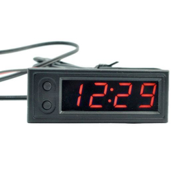 Teploměr,hodiny,voltmetr  panelový 3v1, 12V, červený, 1 tepl.čidlo