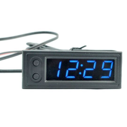 Teploměr,hodiny,voltmetr  panelový 3v1, 12V, modrý, 1 tepl.čidlo