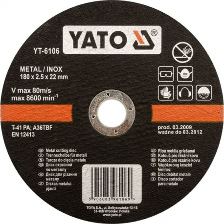 Kotouč řezný na kov 180 x 22 x 1,5 mm INOX YATO YT-6105