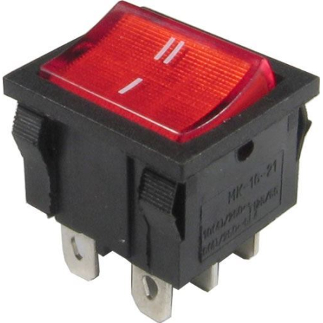 Přepínač kolébkový MRS-202-4, ON-ON 2pol.250V/6A červený, prosvětlený L459A