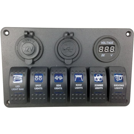 Panel PN-L6S3 se 6 vypínači, napájecí zdířkou, 2x USB a V-metrem L308D