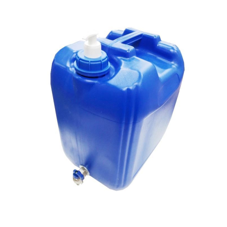 Plastový kanystr modrý na vodu 10l s kohoutkem a dávkovačem mýdla V616E